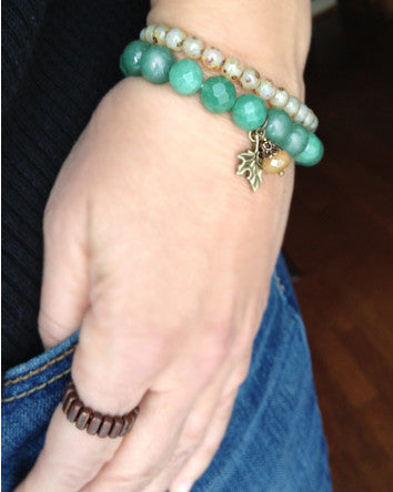 10mm quaryd bracelet with tru.gigs: green aventurine & bronzed leaf-feature