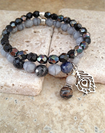 quaryd 8mm bracelet in soft grey moonstone & smokey quartz-feature with tru.gigs™ charms